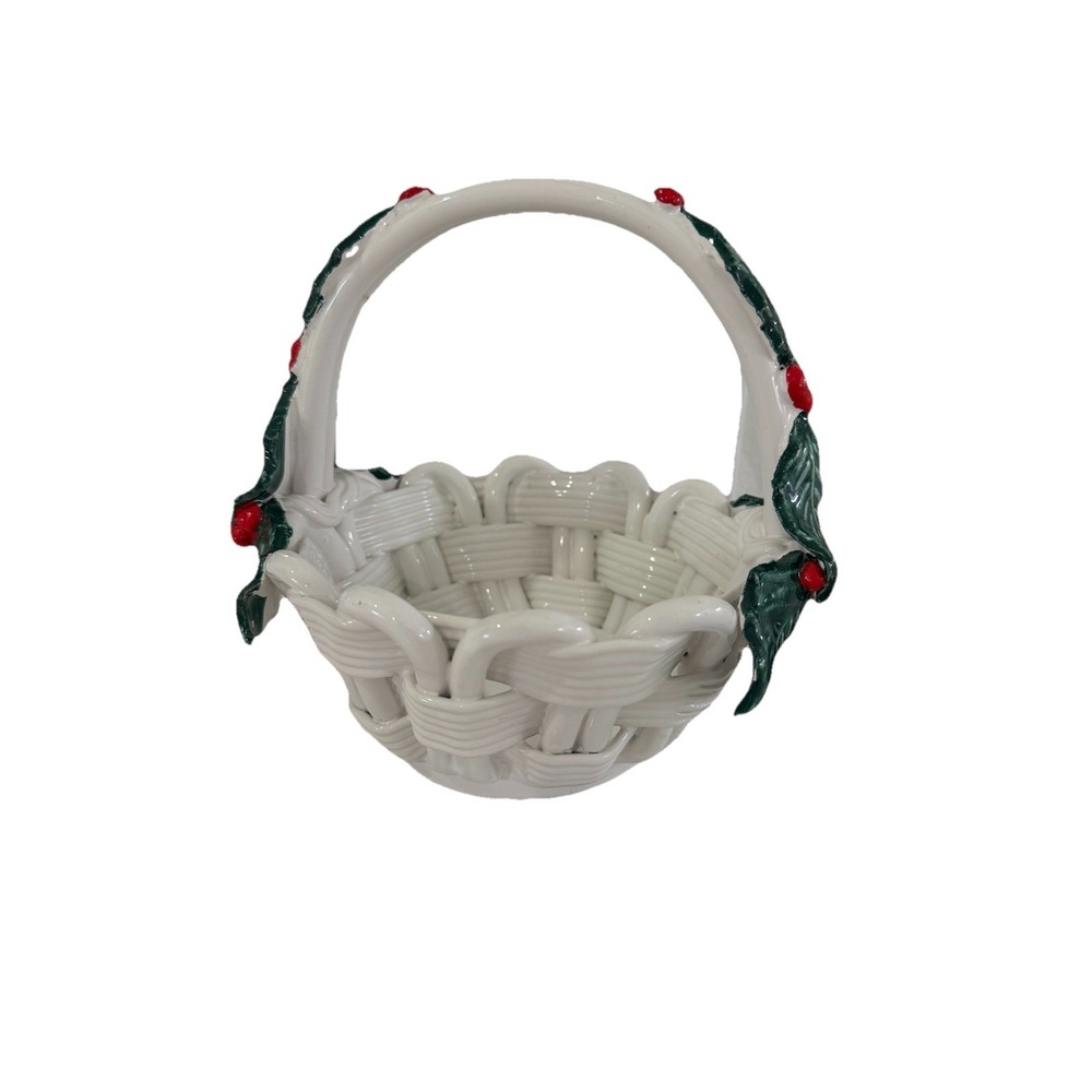 Vintage Ceramic Basket Handle Holly Berries Christmas 8" Woven Lattice Bowl